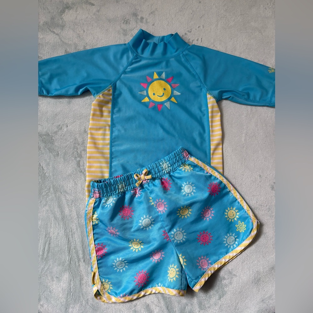 UV Skinz Blue and Yellow Rashguard Swim Set with Playful Sun Design